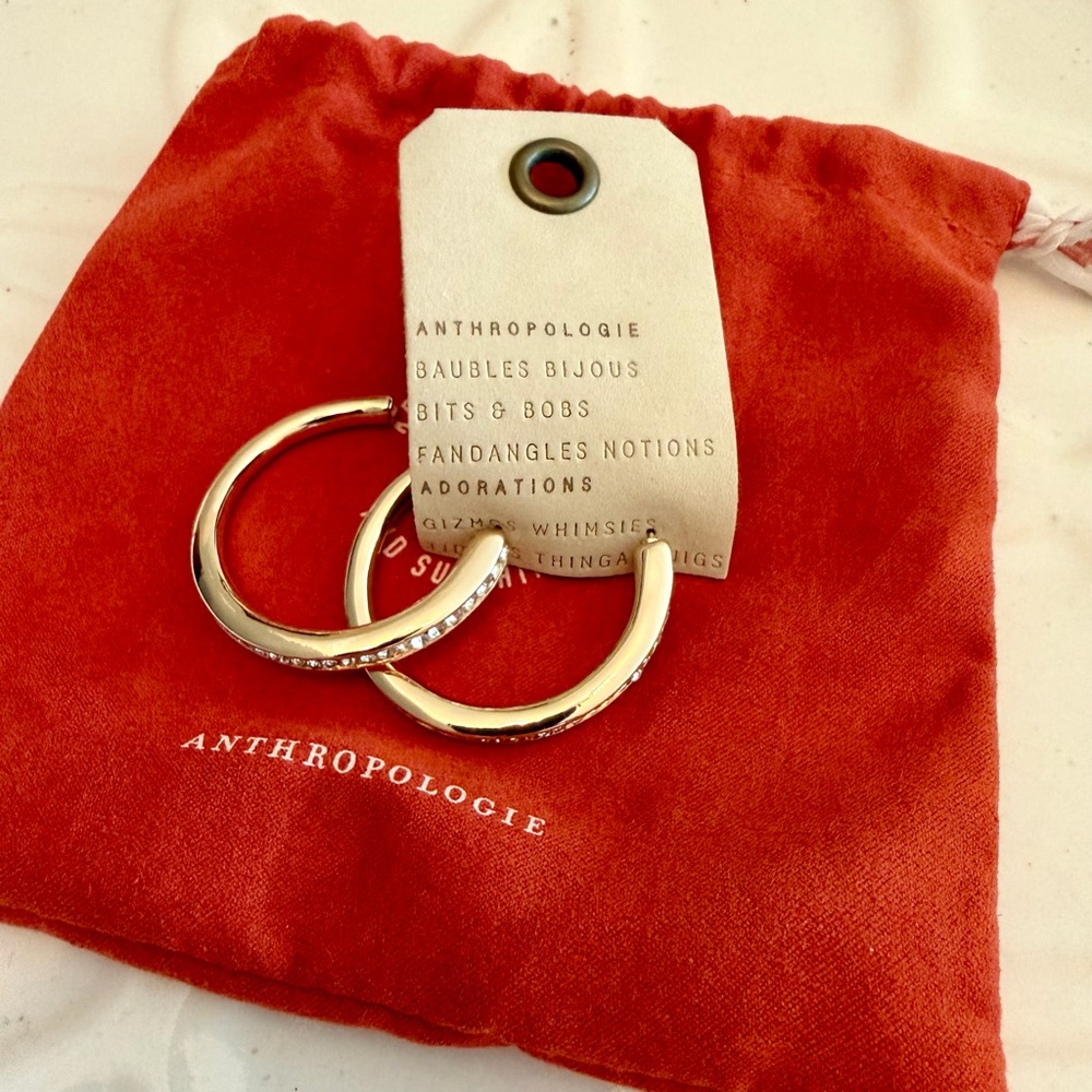 Anthropologie Classic Crystal Gold Hoop Earrings